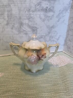 Hand-Painted Porcelain Covered Sugar Bowl with Rose Motif